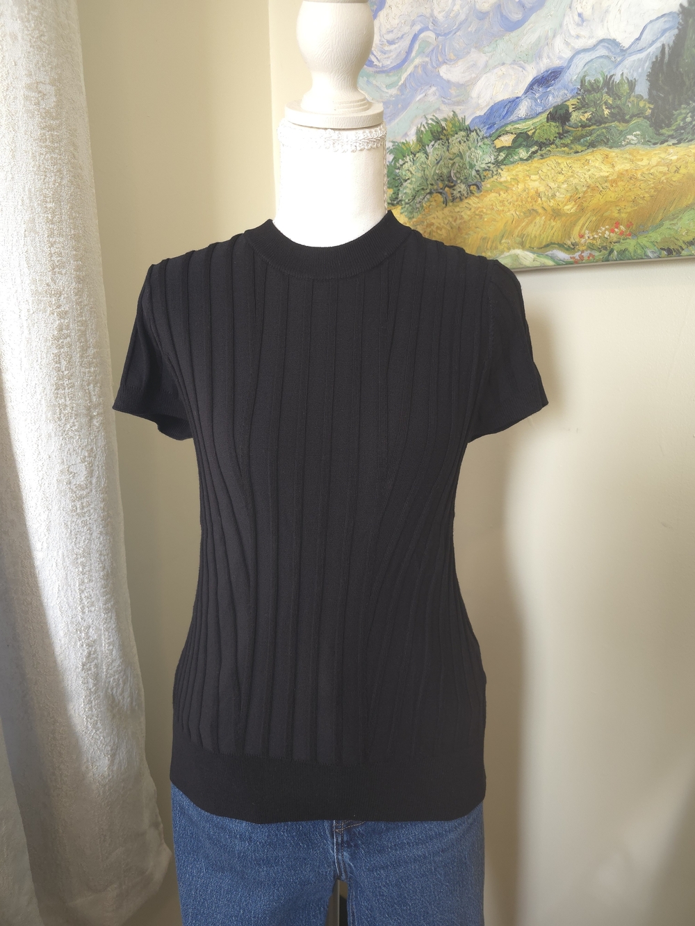 Dkny Black Ribbed Short-Sleeve Knit Top